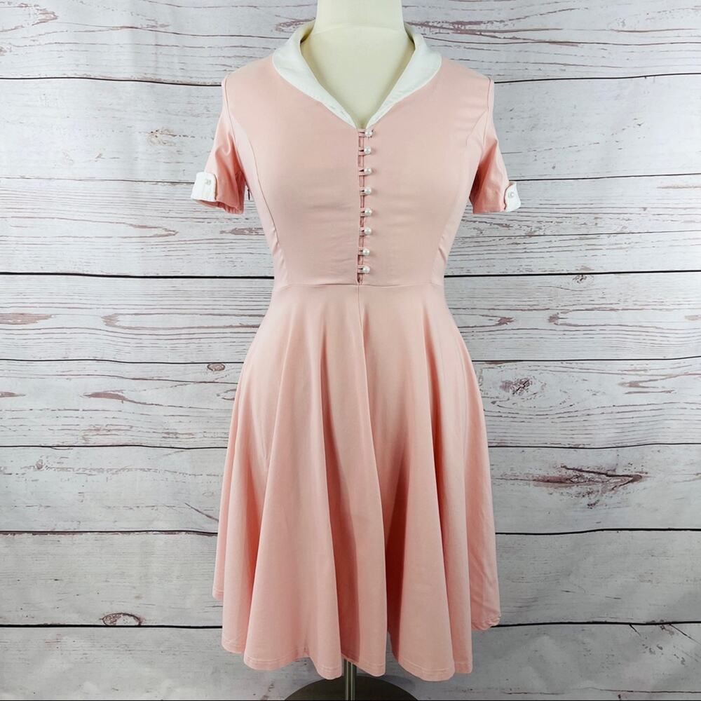 GownTown pink white retro style dress pearl buttons